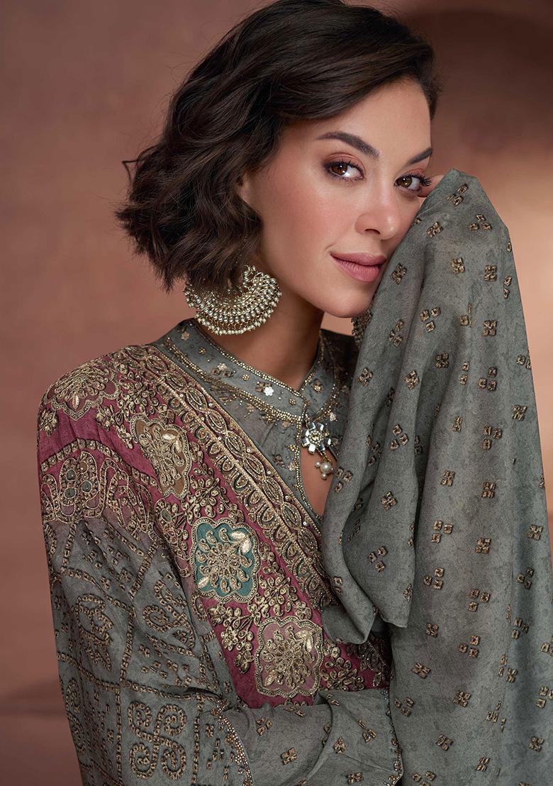 Grey Embroidered Georgette Salwar Kameez