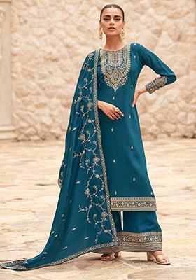 Teal Blue Embroidered Silk Salwar Kameez