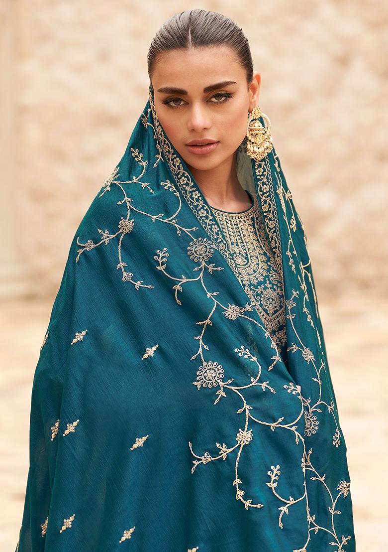 Teal Blue Embroidered Silk Salwar Kameez
