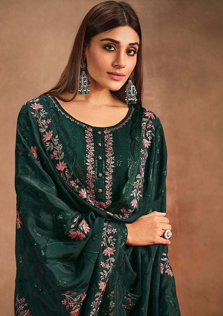 Green Embroidered Chinnon Salwar Kameez