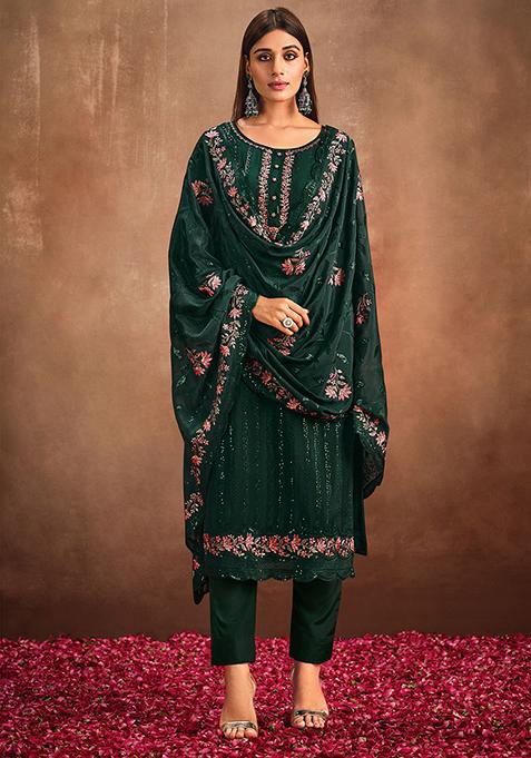 Green Embroidered Chinnon Salwar Kameez