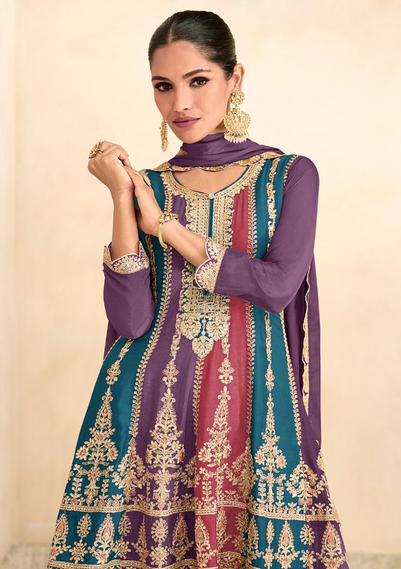 Purple Embroidered Chinnon Salwar Kameez