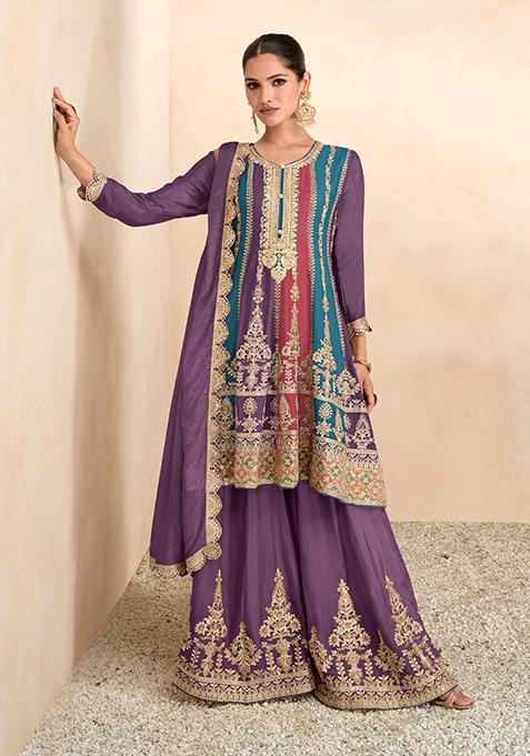 Purple Embroidered Chinnon Salwar Kameez