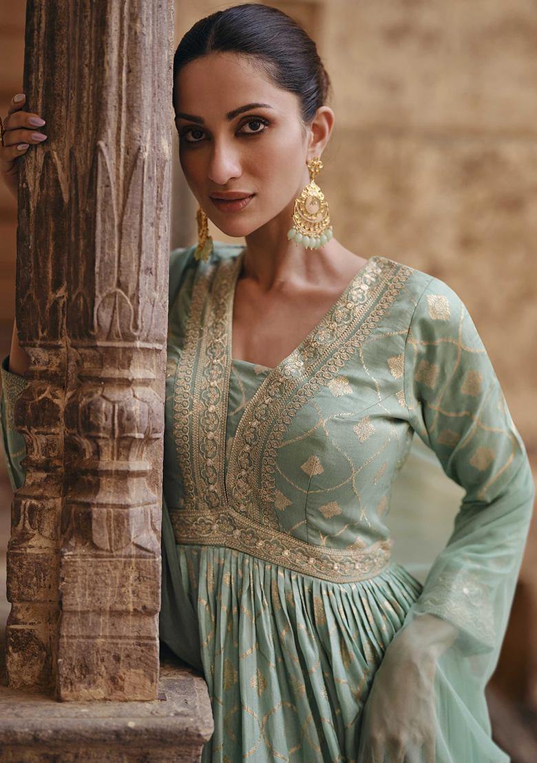 Turquoise Blue Embroidered Jacquard Salwar Kameez