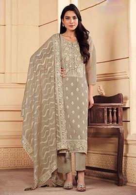 Beige Embroidered Organza Salwar Kameez