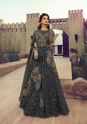 Dark Grey Embroidered Net Salwar Kameez