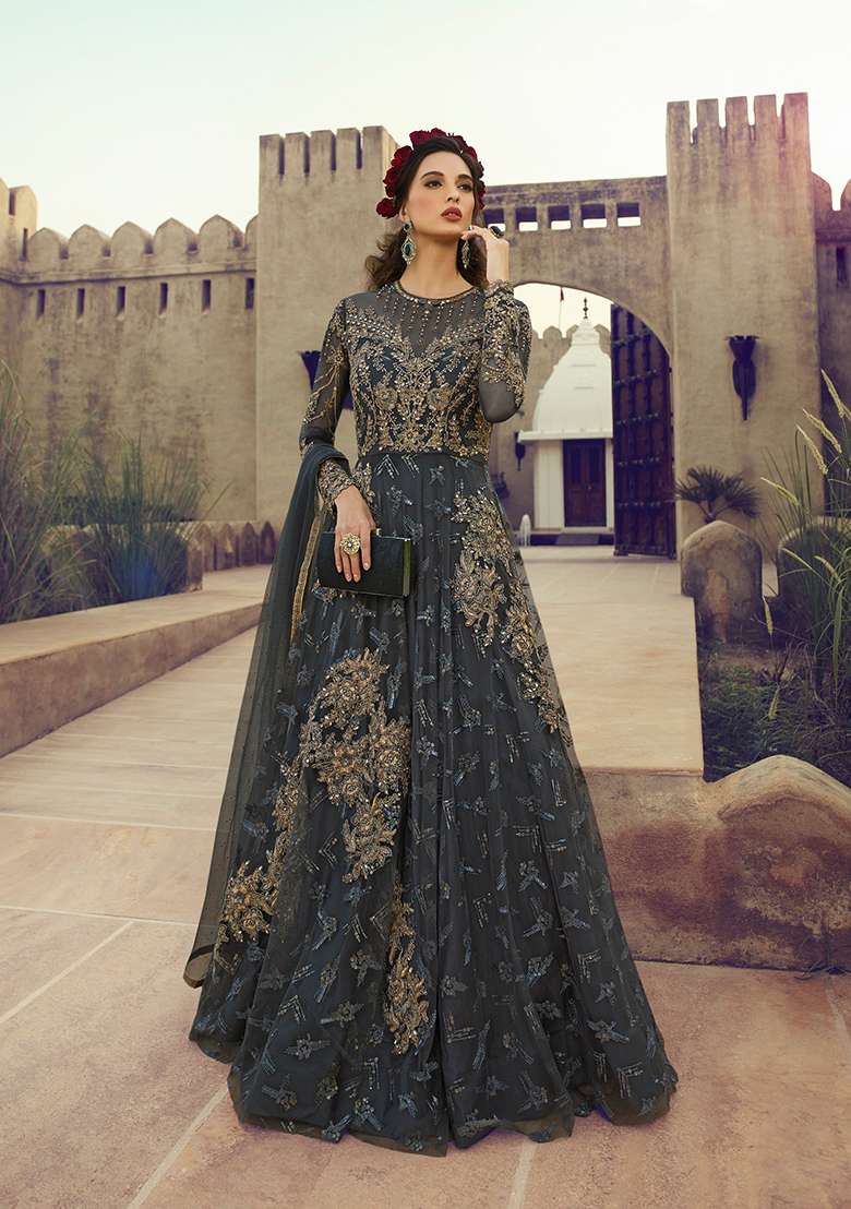 Dark Grey Embroidered Net Salwar Kameez - Indya