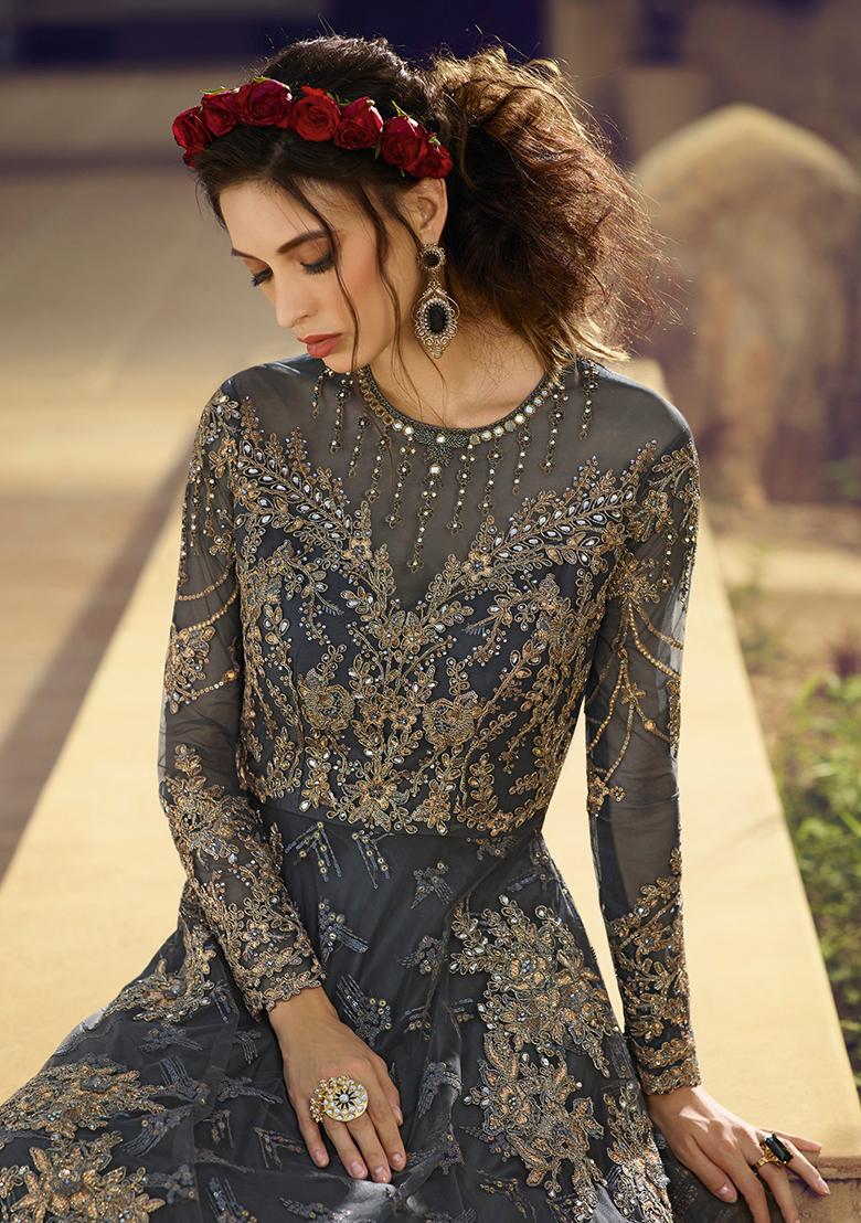 Dark Grey Embroidered Net Salwar Kameez