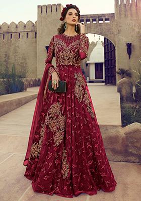 Maroon Embroidered Net Salwar Kameez