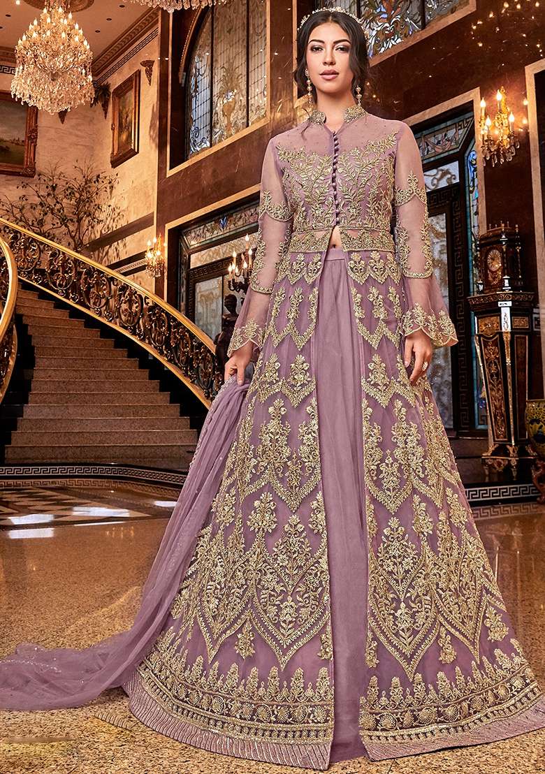 Mauve Embroidered Net Salwar Kameez - Indya