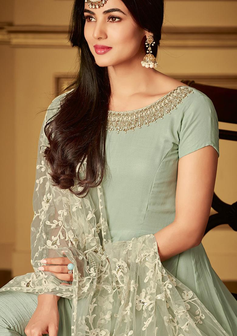 Pista Green Embroidered Georgette Salwar Kameez