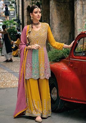 Mustard Embroidered Chinnon Salwar Kameez