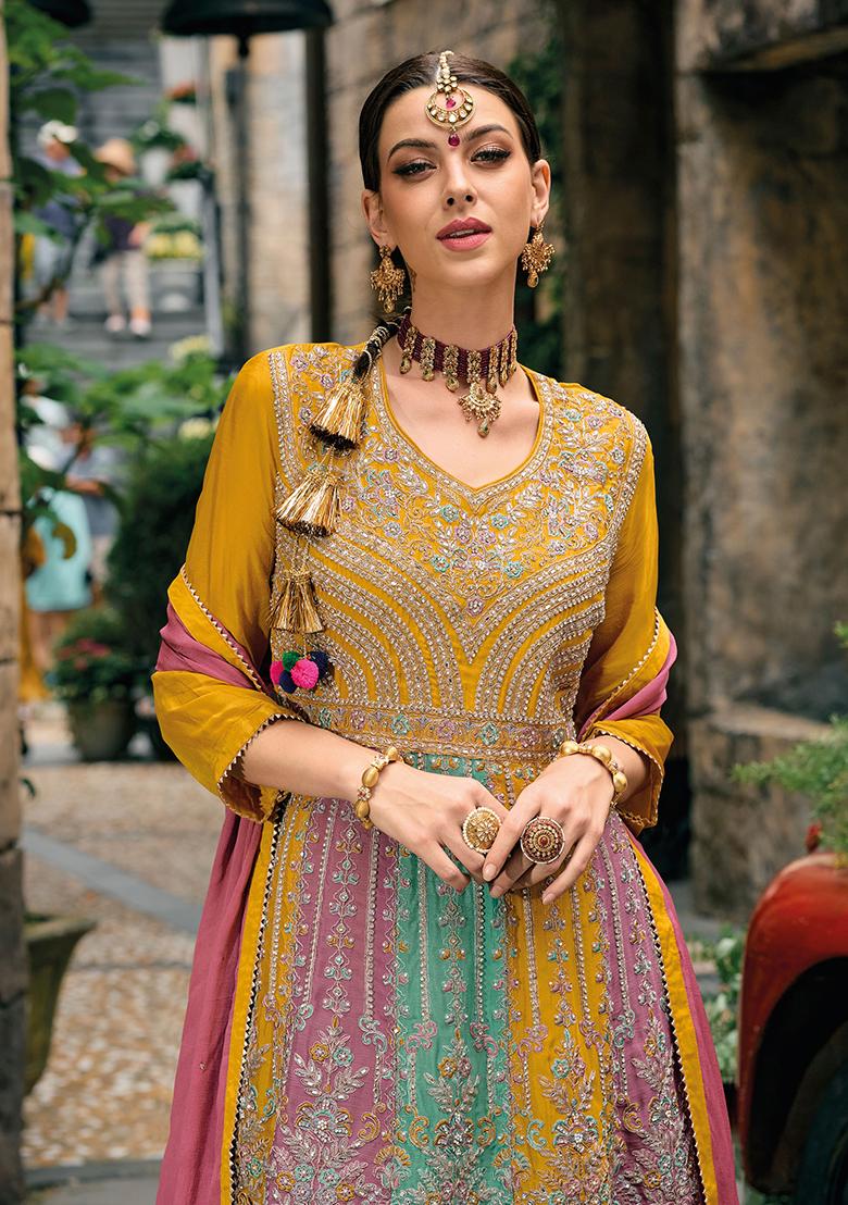 Mustard Embroidered Chinnon Salwar Kameez