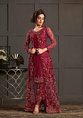 Wine Embroidered Net Salwar Kameez