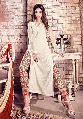 Off White Embroidered Georgette Salwar Kameez