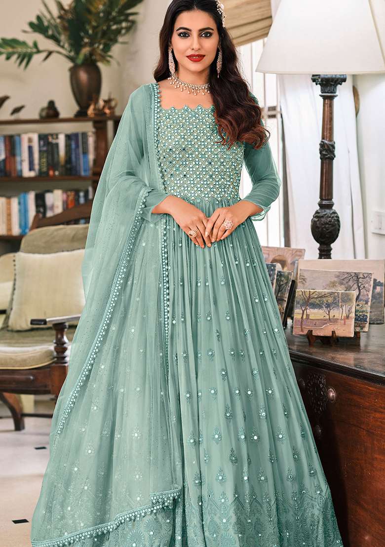 Blue Embroidered Georgette Anarkali Set - Indya