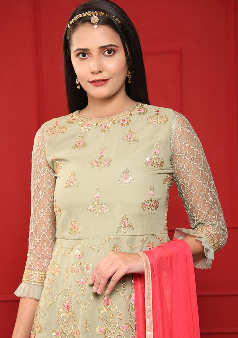 Olive Green Embroidered Georgette Salwar Kameez