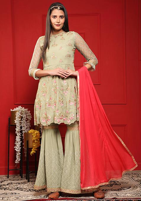 Olive Green Embroidered Georgette Sharara Set — view on Indya