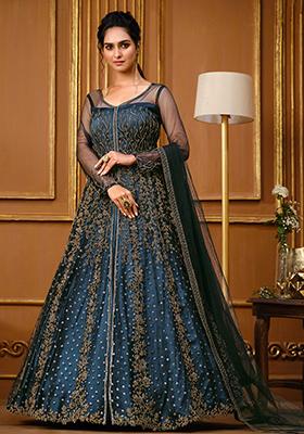 Blue Embroidered Net Anarkali Set