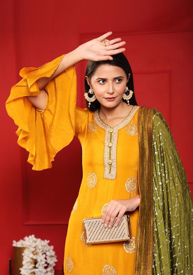 Mustard Embroidered Chinnon Salwar Kameez