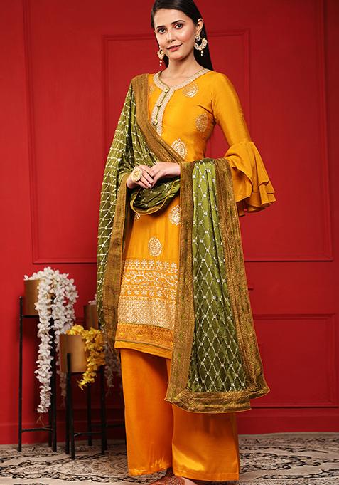 Mustard Embroidered Chinnon Salwar Kameez