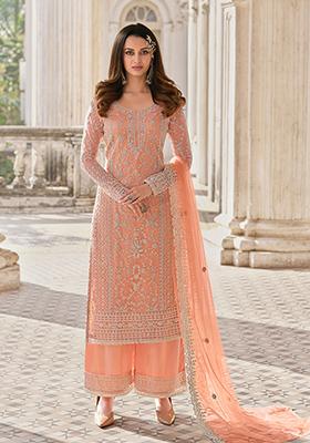 Peach Embroidered Net Salwar Kameez