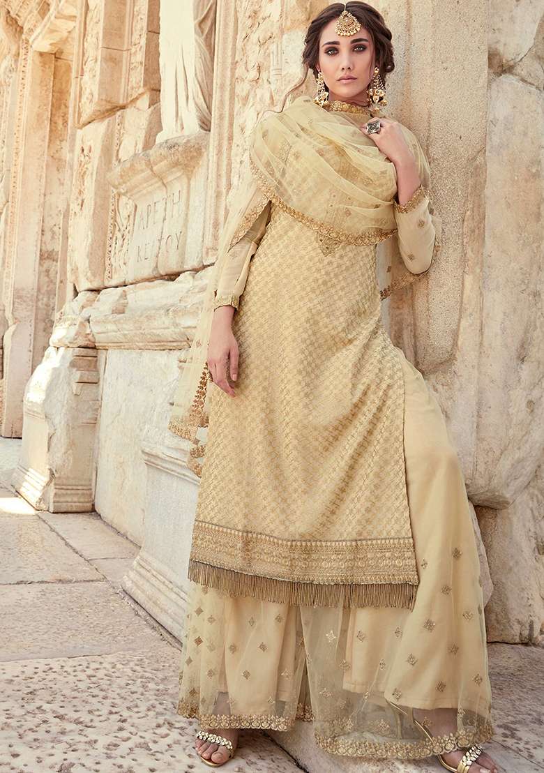 Cream Embroidered Georgette Salwar Kameez - Indya
