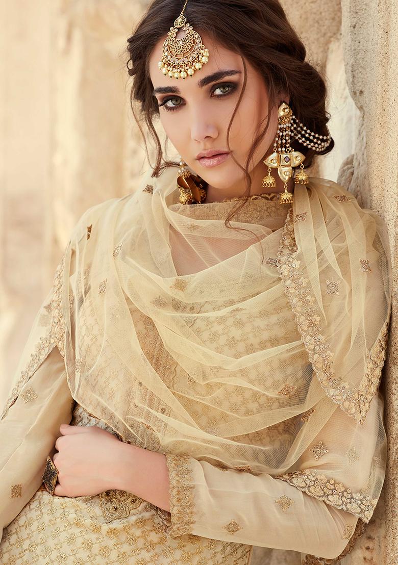Cream Embroidered Georgette Salwar Kameez