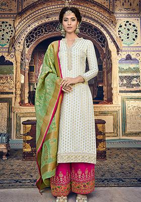 Off White Embroidered Jacquard Salwar Kameez