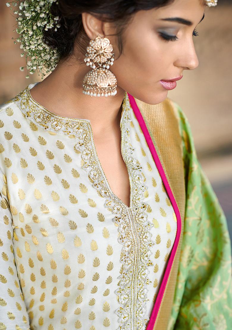 Off White Embroidered Jacquard Salwar Kameez