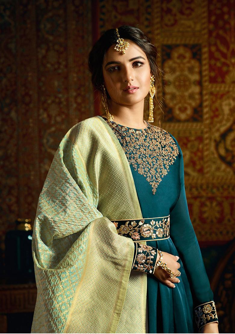 Turquoise Blue Embroidered Georgette Salwar Kameez