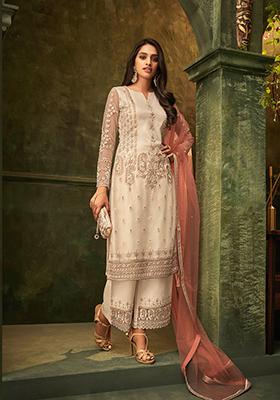 Off White Embroidered Net Salwar Kameez