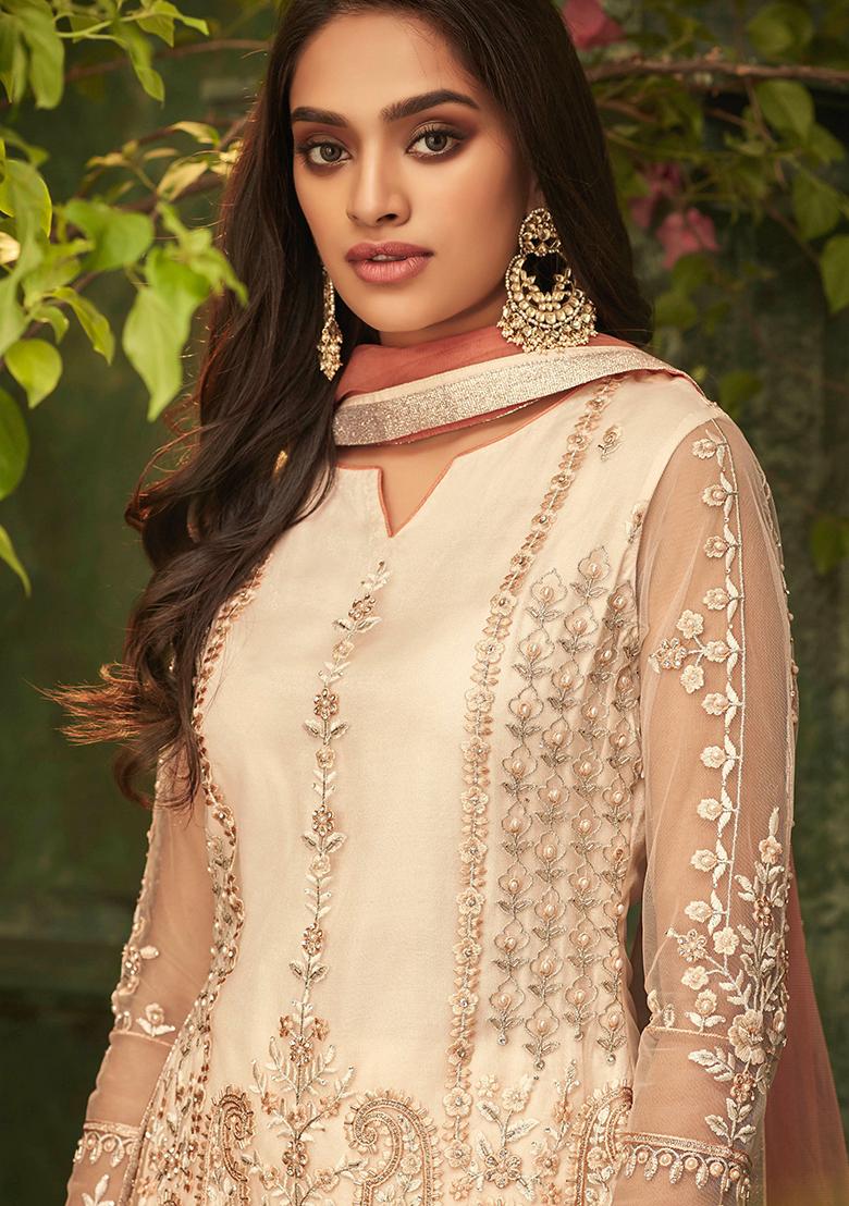 Off White Embroidered Net Salwar Kameez