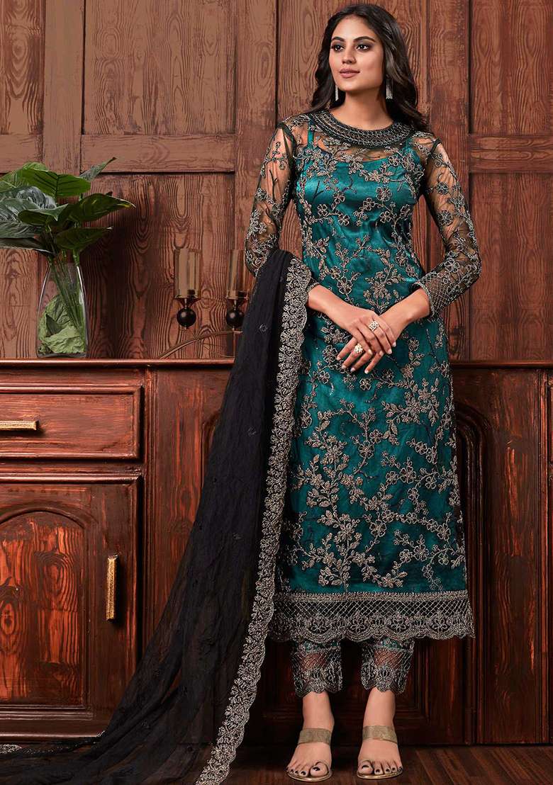 Turquoise Blue Embroidered Net Salwar Kameez - Indya