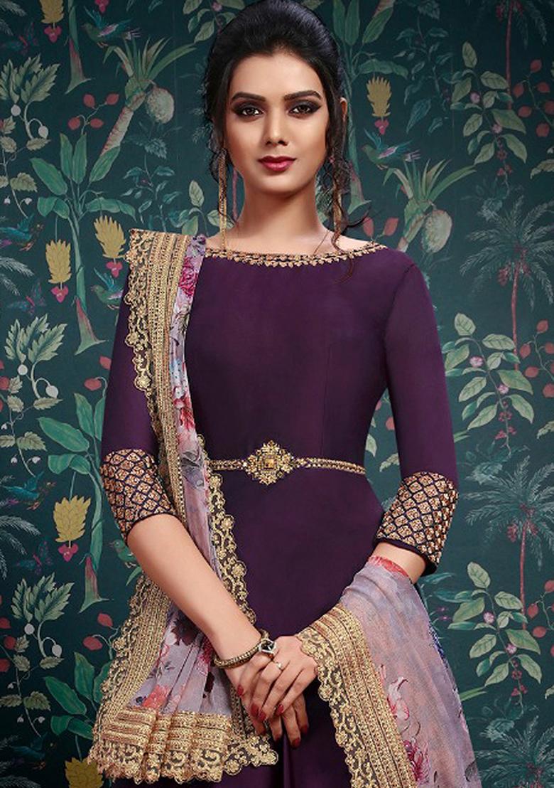 Wine Embroidered Georgette Salwar Kameez