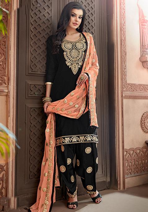 Black  Embroidered Chanderi Salwar Kameez