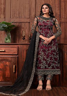 Wine  Embroidered Net Salwar Kameez