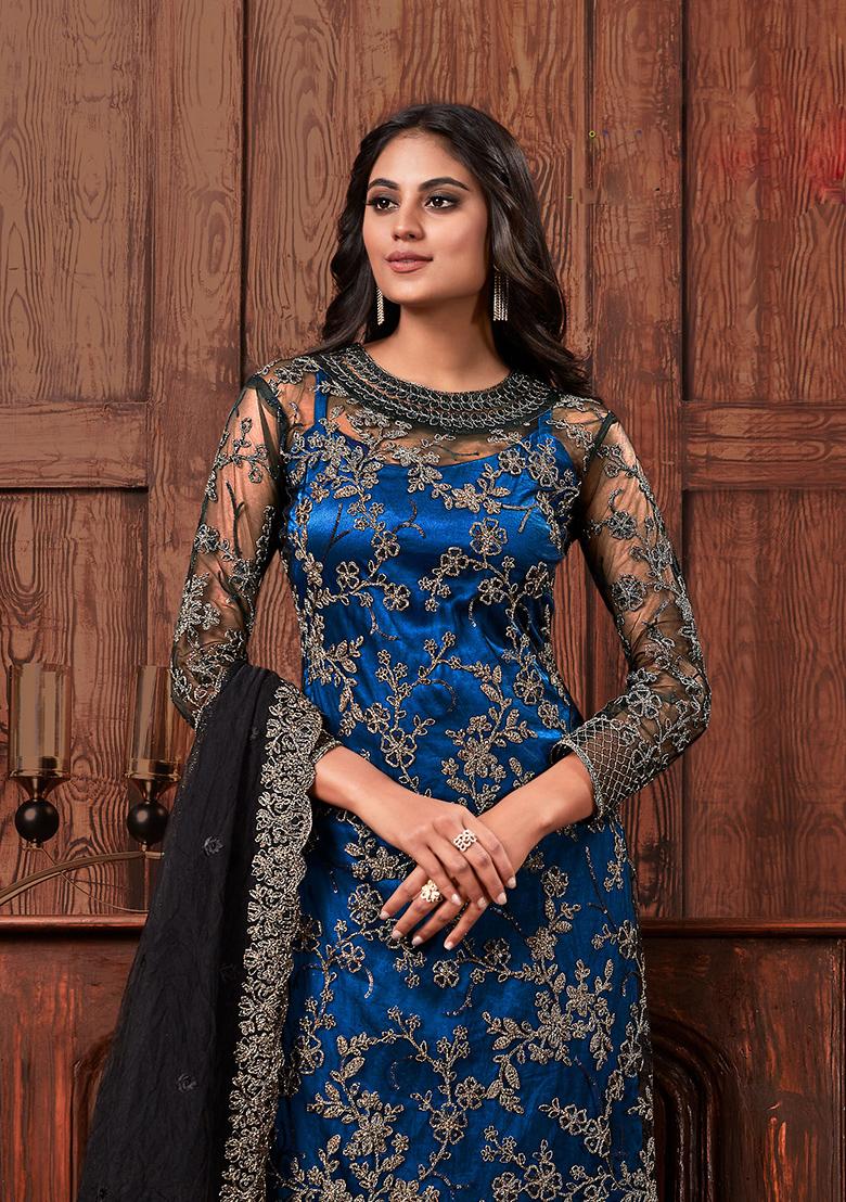 Blue  Embroidered Net Salwar Kameez