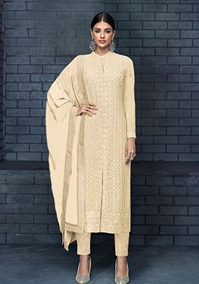 Cream Embroidered Georgette Salwar Kameez