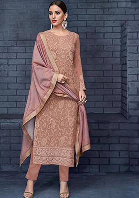 Fawn Yellow Embroidered Georgette Salwar Kameez