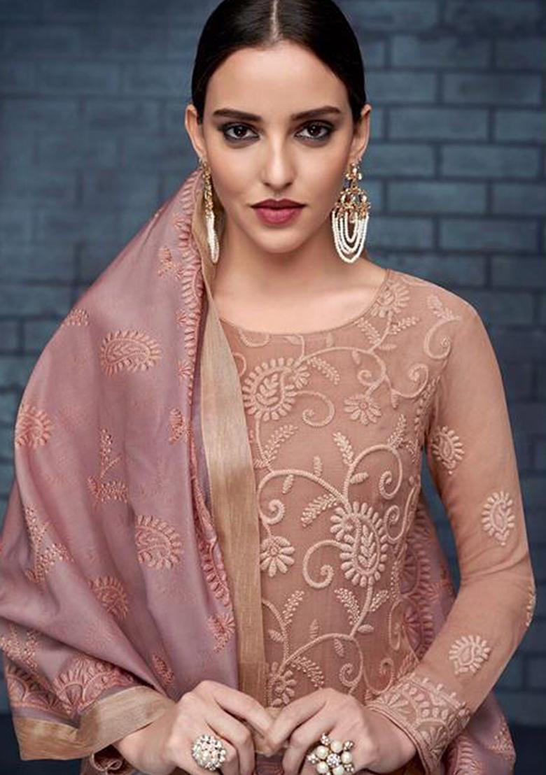 Fawn Yellow Embroidered Georgette Salwar Kameez