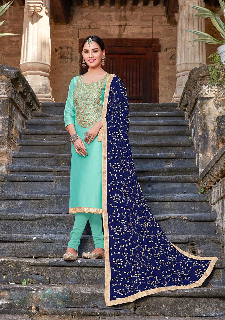 Blue Embroidered Silk Salwar Kameez - Indya