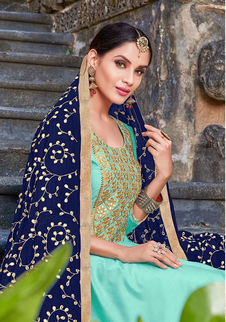Blue Embroidered Silk Salwar Kameez - Indya