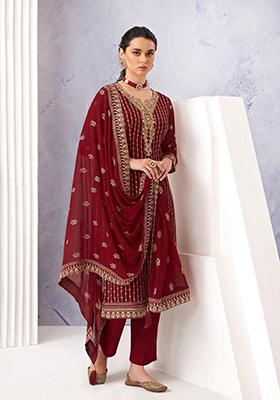 Maroon Embroidered Georgette Salwar Kameez
