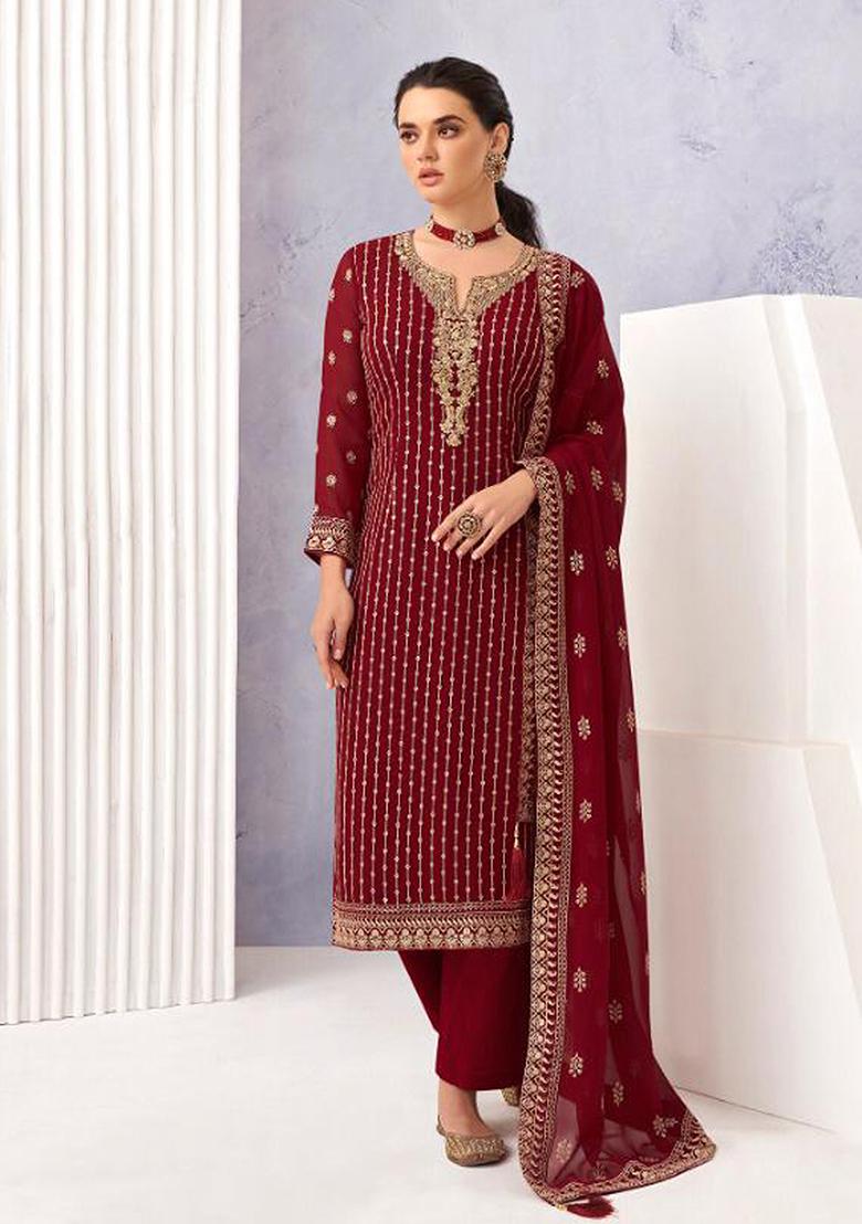 Maroon Embroidered Georgette Salwar Kameez