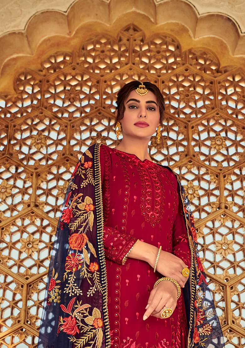 Maroon Embroidered Georgette Sharara Set - Indya