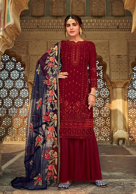 Maroon Embroidered Georgette Sharara Set — view on Indya