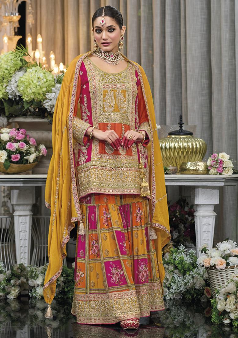 Orange Embroidered Silk Kurta Set