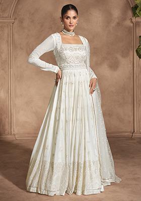 Off White Embroidered Georgette Kurta Set