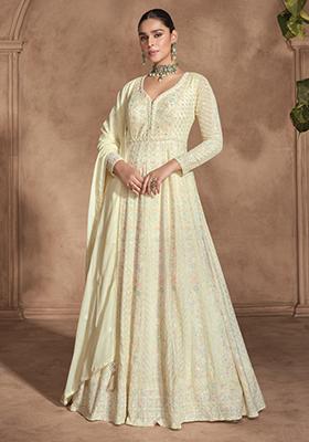 Cream Embroidered Georgette Kurta Set